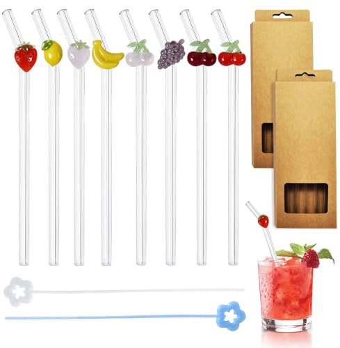 8 Piezas Frutas Patrón Pajitas Reutilizables, Curvados Pajita Cristal mit 2 Limpiador Popotes, Pajitas de Cristal para Batido, Jugo, Cóctel y Smoothie