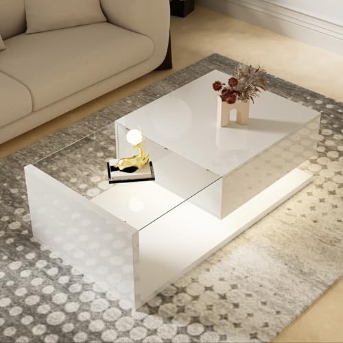 PUGSDRLY Table Basse 105 × 55 × 32,5 cm avec Plateau en Verre Trempé, Table Basse Blanc Brillant avec Tiroir et Éclairage LED, Meuble de Rangement pour Salon Moderne (White)