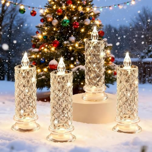 Bougies LED sans flamme, Bougies LED roses en cristal transparent, Bougie LED Flamme Vacillante,Chandelles Clignotantes Lampe, Bougie LED rétro pour mariages, fêtes, Halloween, Noël Décoration (4PCS)