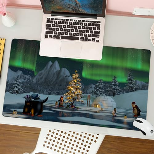QRFASFZO Mouse Pad 31.5 × 12 inch Extended Large Mouse Mat Desk Pad, Stitched Edges Mousepad,Non-Slip Rubber Base,Northern lights, penguins over frozen lake with arctic circle chr,Gaming Mouse Pad XL