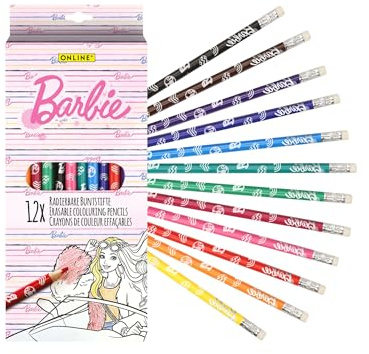 ONLINE Barbie Buntstifte mit Radiergummi, 12er-Set I Malstifte in 12 verschiedenen Farben I für Mädchen, ideal zur Einschulung I Coole Stifte für Mädchen I Buntstifte Set als Barbie Merch