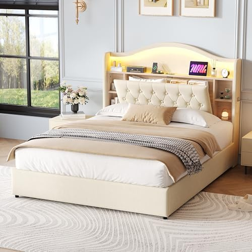 Ball & Cast Double Bed Frames with 4ft6 Upholstered Wooden Two-shelf Storage Headboard, Charging Station,LED Lights, 135x190 cm Heavy Duty Metal Bed Frame, No Box Spring Needed, Noise Free,Beige