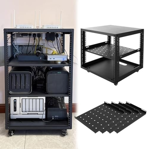 Vibeo Netzwerkschrank Verstellbares Serverrack mit Offenem Rahmen und Rollen, 10-, 12-, 15-, 18- und 20-HE-Netzwerkrack mit Einlegeböden, Rollbarer Geräteschrank(10U,4 Tier)