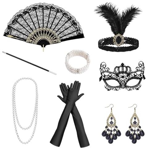 PjuQow 20er Jahre Accessoires, 8-teiliges Set in Schwarz, Vintage Schmuck und Zubehör für Damen, Retro Stil Accessoires für Partys und besondere Anlässe