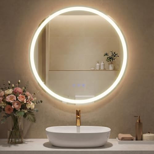 SONGMICS Badspiegel mit Beleuchtung, Spiegel rund, Wandspiegel, Badezimmerspiegel Antibeschlag-Funktion, Farbtemperatur und Helligkeit einstellbar, Bad Schlafzimmer, 61 cm, wolkenweiß LWM211WC02