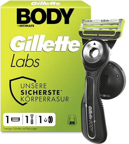 Gillette Labs Body & Intimate Rasierer, Körper Und Intimbereich, Schwarz | Intimrasierer Mann, Schutz Vor Eingewachsenen Haaren Und Irritationen, Inkl. Handstück, Duschhalterung Und 1 Rasierklinge