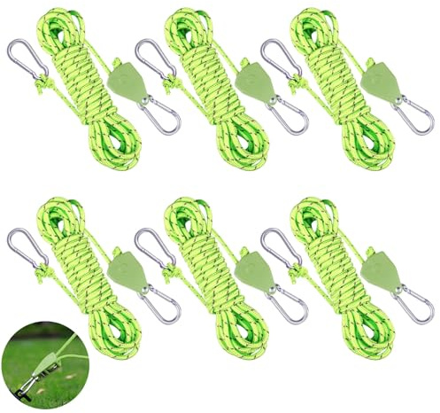Surflyee 6 Stück Verstellbarer Seil Ratsche, Abspannseile mit Seilspanner | 4MM Verstellbarer Seil Ratsche, 4M Seilratsche Einstellbar Abspannseile, Flaschenzug mit Seilbremse, für Sonnensegel, Grün