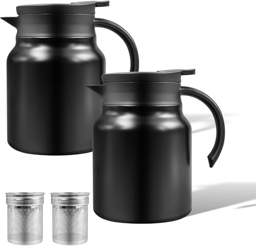 Lot 2 Carafes Isothermes 1 L, Pichets Thermiques en Acier Inoxydable 316 | Bouteille Isotherme à Double Paroi Sous Vide, Isolation thermique pour Café Thé Eau Jus Boissons Chaudes ou Froides