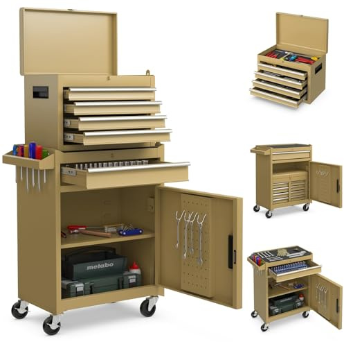 GYMAX Servante d'Atelier Outils 59 x 28 x 102 cm, Coffre Amovible (Jaune) | 5 Tiroirs, 2 Grande Étagère, Chariot d'Atelier avec 4 Roues Universelles(2 avec Freins), Établi pour Bricolage Automobile