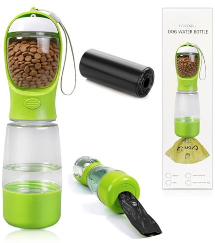 Botella 4 en 1 para perros, para viajes, 400 ml, a prueba de fugas, botella para perros con bolsa de basura, recipiente para comida, cuenco para comida y compartimentos de almacenamiento para bolsas