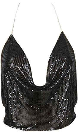 ZUMUii Butterme Damen Sexy Deep V Kette Halter Ärmellos Backless Metall Weste Sequin Crop Top Club Wear (Schwarz)
