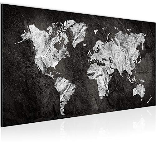 Runa Art Wandbild Weltkarte 1 Teilig 100 x 40 cm Modern Bild auf Vlies Leinwand Kontinente Büro Wohnzimmer Schwarz Weiss 002912a
