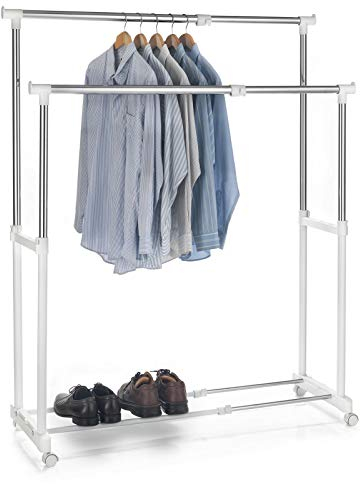 Garderobenwagen Rollgarderobe Kleiderständer Garderobenständer Rollkleiderständer CASA in weiß, 2 Kleiderstangen, Metallgestell verchromt, höhen- und breitenverstellbar