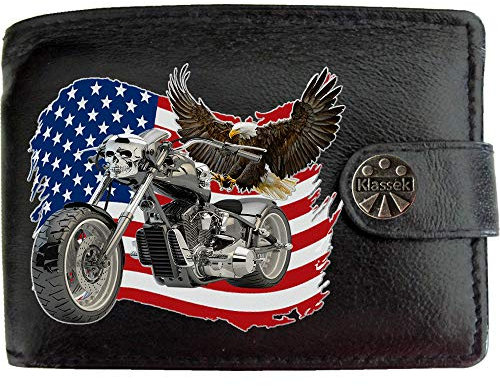 Biker Motorcycle Chopper American USA Flag Flying Bald Eagle Motorbike Mens Wallet Gift Box KLASSEK Brand Real Black Leather RFID Blocking with Coin Pocket