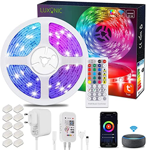 LUXONIC Bande LED WiFi 20M, Ruban LED RGB Synchronisation de la musique contrôlée par APP de Smartphone, Fonctionne avec Alexa Google Assistant, Bande Lumière LED pour Décoration Maison