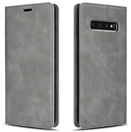 QLTYPRI Hülle für Samsung Galaxy S10, Premium Dünne Ledertasche Handyhülle mit Kartenfach Ständer Flip Schutzhülle Kompatibel mit Samsung Galaxy S10 - Grau