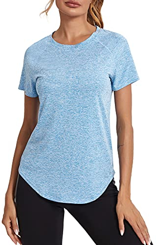 Wayleb Damen Sport T-Shirt Lang Rundhals Sportshirt Oberteile Back Mesh Laufshirt Leicht Atmungsaktiv Funktionsshirt Trainingsshirt Fitness Gym Yoga Tops, Hellgrau M