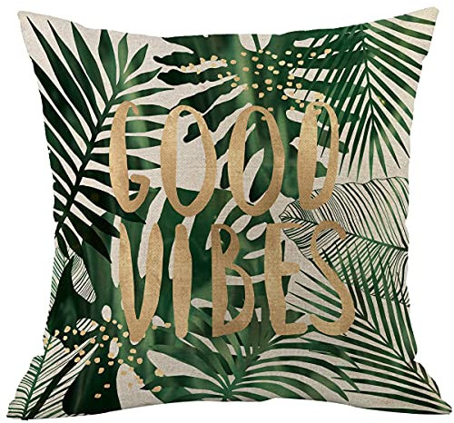 CANSEGO Palm Leaf Pillow Covers Cases Good Vibes Tropical Jungle Green Palm Tree Leaves Word Throw Pillow Cushion Cotton Linen 18x18 Inch Home Decor Couch Desk Bedroom