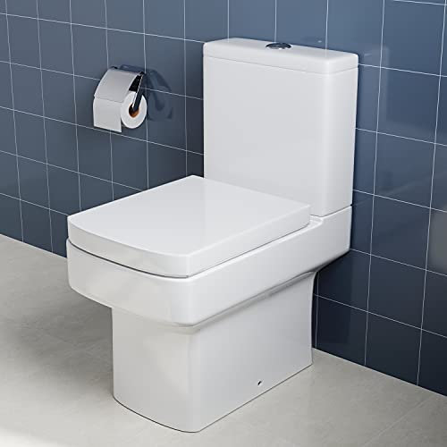 ELEGANT Close Coupled Toilet with Soft Close Seat and Cistern, Modern Bathroom Ceramic Toilet Unit with High Gloss White, Square Seat