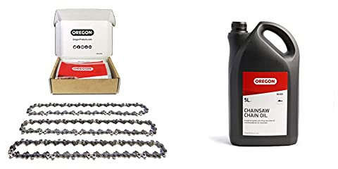 Oregon 91P 3-Pack Chainsaw Chain for 16-Inch (40 cm) Bar -57 Drive Links – low-kickback chain fits Titan, Gardenline, Black & Decker and more & Chainsaw Chain and Guide Bar Oil, 5 Litre Bottle (90300)
