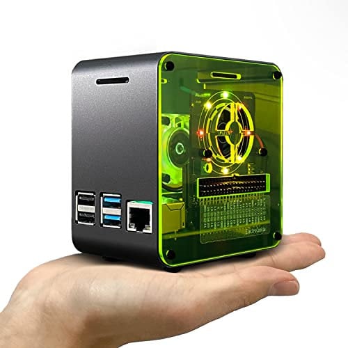 ElectroCookie Raspberry Pi 4 Gehäuse, Miniatur Desktop Aluminiumgehäuse mit Lüfter und Farbwechsel-Umgebungslicht (Mattschwarz & Neon)