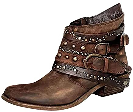 RTPR Stivaletti da donna da biker, stivali con borchie a blocco, comodi per autunno e inverno, scarpe con fibbe, stivali classici invernali, stivali invernali, marrone, 42 EU