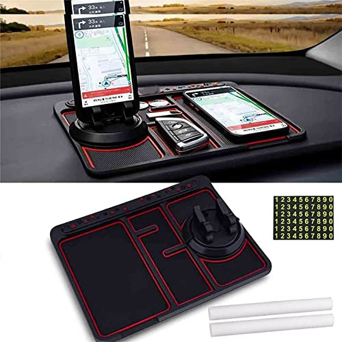 Luckxyy Rutschfestes Telefonpad für 4-in-1-Auto, Ultifunktionale Auto-Anti-Rutsch-Matte mit nummerierten Aufklebern und Aromatherapie, Universal 360 drehbarer Auto-Handyhalter (Schwarz Rot)