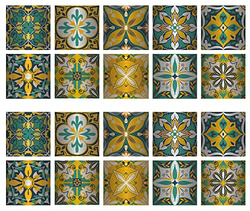 20PCS Metallic Kitchen Bathroom Tile Stickers, for 4x4inch/10x10cm, Peel and Stick Self-Adhesive Stick on Tile Transfer Backsplash,Silver Green Yellow Retro