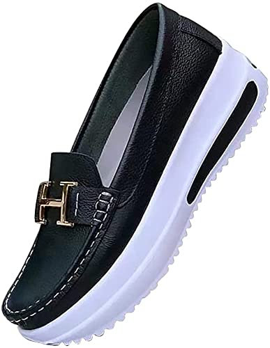 Mocasines casuales de plataforma para mujer, cómodos zapatos náuticos sin cordones, tacón de cuña, cómodos y con punta redonda, transpirables, estilo retro, zapatos casuales para caminar, Black, 36 EU