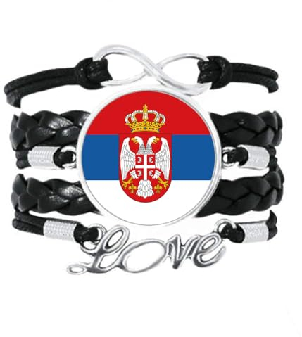ldygefow Gewebtes Armband,Kreative Nationale Persönlichkeit Serbien Flagge Kunst,Liebe Text Zeit Edelstein Armband Glas Snap Bead Armband Unisex Geflochten Leder Armband,Schwarz,25Mm