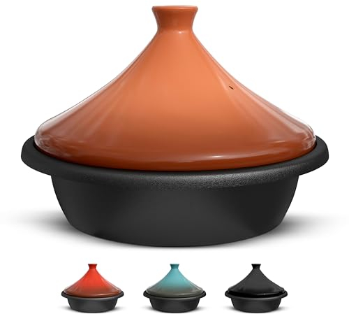 Kook Moroccan Tagine, Preseasoned Cast Iron Cooking Pot, Tajine with Ceramic Cone-Shaped Closed Lid, 3.3 QT (Terracotta)