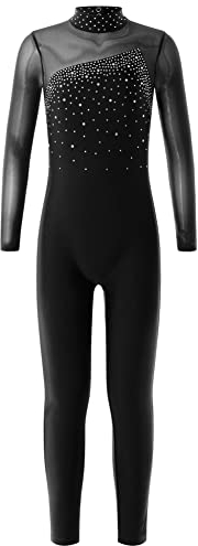 CHICTRY Ganzkörper Turnanzug Mädchen Kinder Langarm Tanzanzug Strass Glitzer Tanzbody Stehkragen Trikot Cut Out Leotard Dancewear Schwarz 134-140
