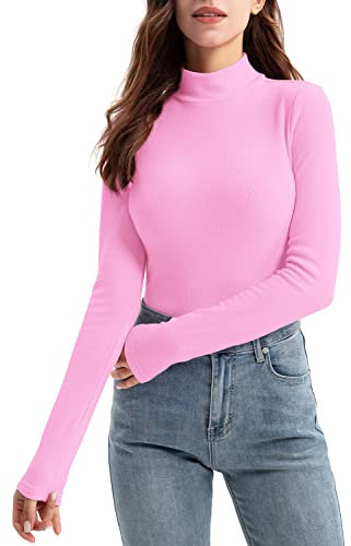 Zengjo Polo Neck Tops for Women UK Long Sleeve(Pink,L)