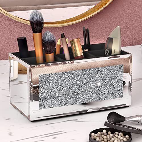 SHYFOY Mirrored Makeup Brush Holder Organizer with Crushed Diamond, 6 Slots | Make up Cosmetics Organizers and Storage, For Vanity Countertop Use