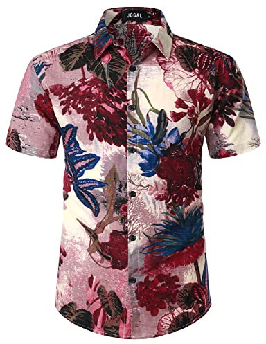 JOGAL Mens Flowers Casual Aloha Hawaiian Shirt Short Sleeve Beach Shirt WineredFlower X-Large