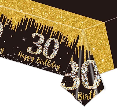 137x274cm Tischdecken 30. Geburtstag,Schwarz Gold 30. Geburtstagsfeier Tischdecke,Happy 30th Birthday Tischdecke Abwischbar Kunststoff Rechteckige Tischdecke für Mann Frauen Geburtstag Party Dekor