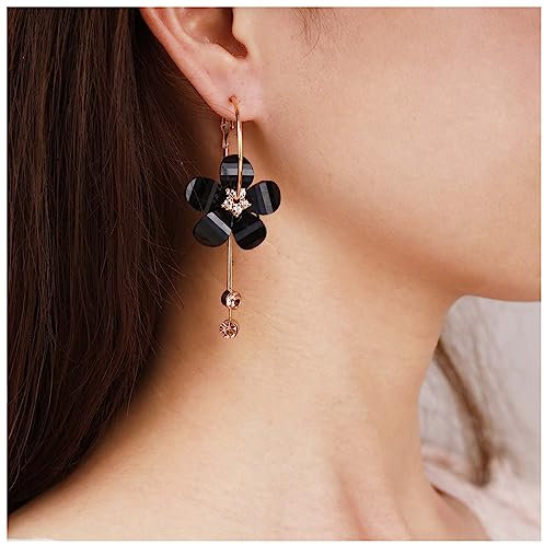 Dervivea Boho Acrylic Flower Hoop Earrings - Black Crystal & Resin Flower Dangle Earrings with Cz Tassel Drop Design - Women & Girls