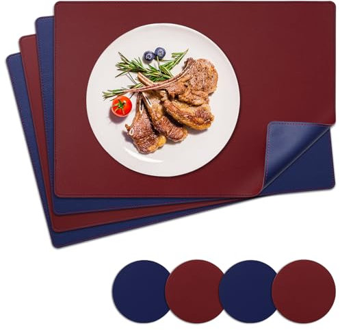 NOSTHEART Tovagliette Americane e Sottobicchieri, Lavabili Tovagliette in Pelle Resistenti al Calore con Bordi Cuciti, Tovagliette in Antiscivolo Impermeabili a Doppia Faccia, Blu Rosso, Set di 4