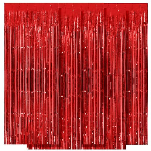 Ohiyoo 5 Stück Rot Metallic Lametta Vorhänge 1 x 2.5M Folien Fransen Lametta Vorhange Hintergrund für Geburtstag Partydekor Verlobung Hochzeit Weihnachten Neujahr Dekoration (Rot)
