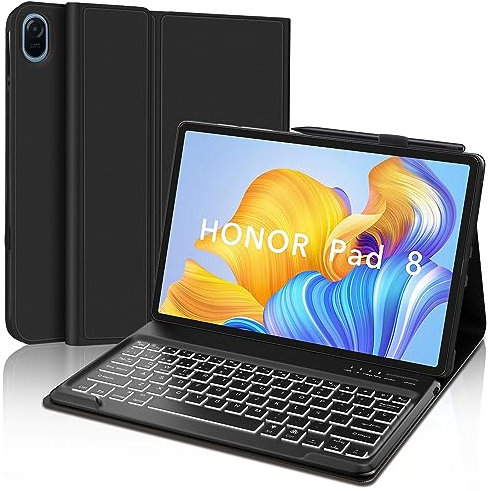 Honor Pad 8 Funda con Teclado, Teclado Honor Pad 8, Funda Tablet Honor Pad 8 12 Pulgadas con Teclado, Teclado Español Magnético Desmontable Retroiluminado Bluetooth para Honor Pad 8 12 Pulgada, Negro