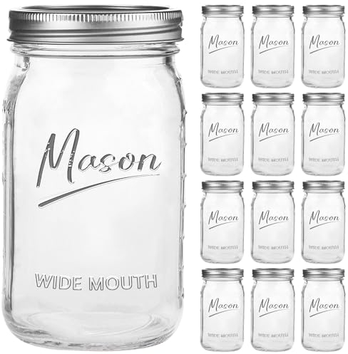 Galssmagic Mason Jars 32 oz,12 Pack Quart Wide Mouth Mason Jar With Airtight Lids,Glass Canning Jars for Fermenting, Pickling,Meal Prep,Overnight Oats & Centerpieces