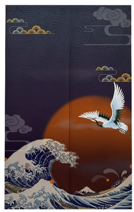 Surwin Rideau de Porte Japonais Long Tapisserie Noren en Lin Fenêtre Rideaux Panneau Tenture Tapisserie Décoration pour Cuisine Chambre Salle de Bain Décoration de Maison (75x150cm,Vagues)