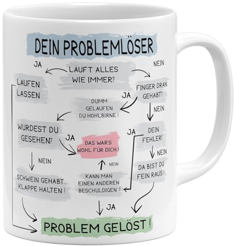 OM3® lustige Kaffee-Tasse mit Spruch - Problemlösung auf der Arbeit - Problemlöser - Keramik Becher - 11oz 325ml - Beidseitig Bedruckt - Weiss