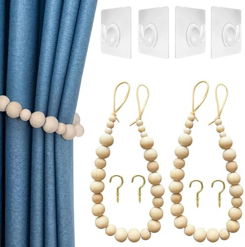 ERNZI Legacci per Tende in Perline di Legno Color Legno Naturale - Set di 2 Eleganti Fissaggi a Corda per Tende, Ideali per Casa e Ufficio, Fermatende Decorativi per un Ambiente di Stile