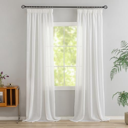 VOILYBIRD 2er Set Leinen Mischgewebe Vorhänge mit Kräuselband Leinenoptik Gardinen für Schlafzimmer Wohnzimmer (HxB 220 x 140 cm, Weiß)