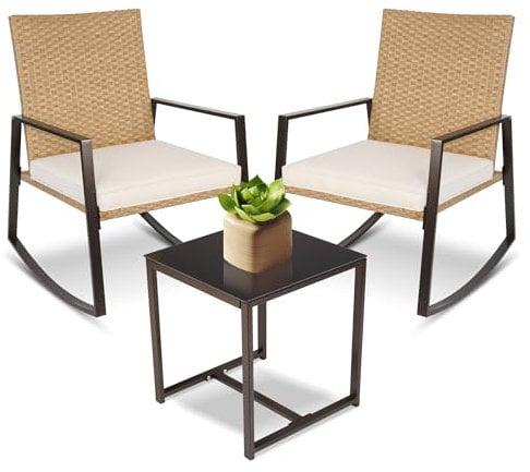 YIYAN 3-teiliges Schaukel-Bistro-Set, Rattan-Gartenmöbel-Set mit 2 Schaukelstühlen und Kaffeetisch für Balkon, Veranda und Garten (Hellbeige)