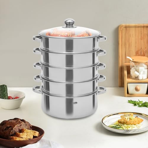 Vaporera de 28 cm Vaporera de 5 niveles Vaporera de 5 niveles Cacerola de acero inoxidable Vaporiza alimentos como pan, albóndigas, verduras