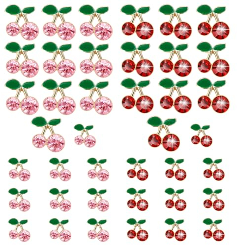 Gjinxi Lot de 40 breloques en forme de cerise - En forme de fruit - 3D - Pour manucure et nail art - Pierres précieuses brillantes - Alliage métallique - Rivets en cristal - Design luxueux - Pour
