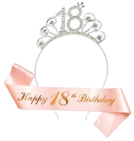KOQAIIZ 18. Geburtstags Tiara, Happy 18th Birthday Geburtstags-Krone Schärpe Set, Mädchen Alles Gute zum 18. Geburtstagsgeschenk, 18. Geburtstag Deko Geschenk und Mädchen Party Accessoires
