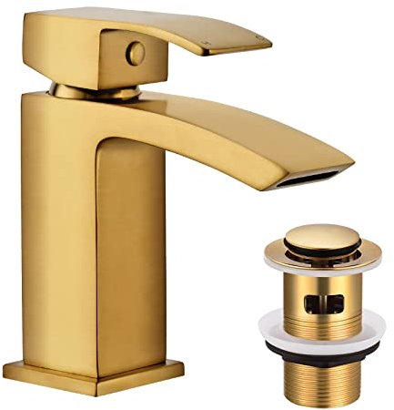 Peppermint Robinets de lavabo avec fente pop-up cascade robinet mitigeur d'évier de salle de bain or brossé robinet monobloc en laiton G1/2 tuyaux à levier simple clic clac